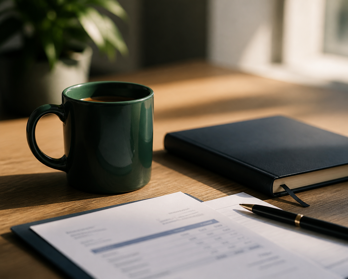 Invoice paperwork, notebook and pen on a sunlit desk